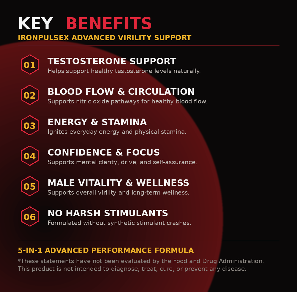 IronPulsex key benefits: testosterone support, blood flow, energy, confidence, male vitality